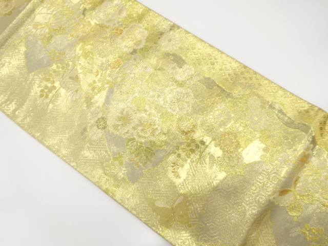 佐賀錦　地紙に蝶・草花・古典柄模様織出し袋帯